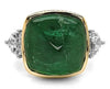 LARGE 12.52CT DIAMOND & AAA CABOCHON EMERALD 18KT 2 TONE SQUARE ENGAGEMENT RING