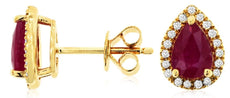 1.70CT DIAMOND & AAA RUBY 14KT YELLOW GOLD PEAR SHAPE & ROUND HALO STUD EARRINGS
