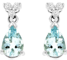 3CT DIAMOND & AAA AQUAMARINE 14KT WHITE GOLD PEAR SHAPE & ROUND HANGING EARRINGS