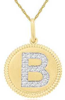 .11CT DIAMOND 14KT YELLOW GOLD 3D CLASSIC B INITIAL CIRCULAR FLOATING PENDANT