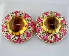 LARGE 15.91CT DIAMOND AAA PINK SAPPHIRE & CITRINE 14KT YELLOW GOLD STUD EARRINGS