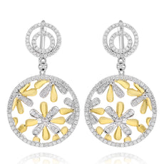 LARGE 1.21CT DIAMOND 18KT 2 TONE GOLD FLOWER CIRCULAR LEVERBACK HANGING EARRINGS