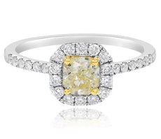1.15CT WHITE & FANCY YELLOW DIAMOND 18K 2 TONE GOLD CUSHION & ROUND OCTAGON RING