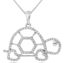.28CT DIAMOND 14KT WHITE GOLD 3D DOUBLE HEART HAPPY TURTLE FUN FLOATING PENDANT