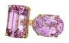 LARGE 11.96CT AAA KUNZITE 18K YELLOW GOLD 3D OVAL & EMERALD CUT 2 STONE FUN RING