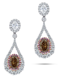 LARGE 4.02CT WIHTE MOCHA & PINK DIAMOND PLATINUM OVAL & ROUND TEAR DROP EARRINGS