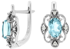 1.48CT DIAMOND & AQUAMARINE 14KT WHITE GOLD FILIGREE LEVERBACK HANGING EARRINGS