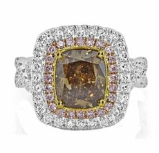 EXTRA LARGE 4.12CT WHITE PINK & FANCY ORANGE DIAMOND 18KT TRI COLOR GOLD RING