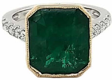 LARGE 6.42CT DIAMOND & AAA EMERALD 18KT 2 TONE GOLD 3D SOLITAIRE ENGAGEMENT RING