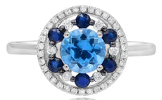 1.61CT DIAMOND & AAA SAPPHIRE & BLUE TOPAZ 14KT WHITE GOLD 3D ROUND FLOWER RING
