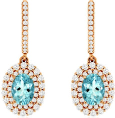 2.20CT DIAMOND & AAA AQUAMARINE 14KT ROSE GOLD OVAL & ROUND LEVERBACK EARRINGS