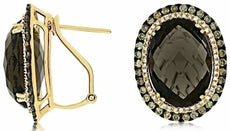 LARGE 26.6CT WHITE & CHOCOLATE FANCY DIAMOND AAA SMOKEY QUARTZ 14K GOLD EARRINGS