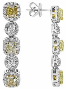 LARGE 3.64CT WHITE & FANCY YELLOW DIAMOND 18KT 2 TONE GOLD 5 STONE HALO EARRINGS