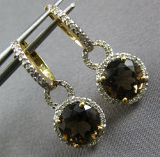 3.95CT DIAMOND & AAA SMOKY TOPAZ 14KT YELLOW GOLD 3D ROUND HALO HANGING EARRINGS