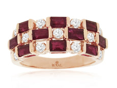 WIDE 2.50CT DIAMOND & AAA RUBY 14KT ROSE GOLD 3D EMERALD CUT & ROUND 3 ROW RING