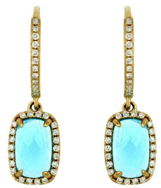 2.76CT DIAMOND & AAA BLUE TOPAZ 14K YELLOW GOLD CUSHION & ROUND HANGING EARRINGS