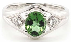 1.11CT DIAMOND & AAA TSAVORITE 18KT WHITE GOLD 3D OVAL & ROUND 3 STONE LOVE RING