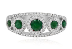 .79CT DIAMOND & AAA EMERALD 14K WHITE GOLD CLASSIC 5 STONE HALO ANNIVERSARY RING