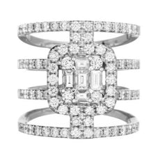 EXTRA LARGE 1.86CT DIAMOND 18K WHITE GOLD ROUND & BAGUETTE MULTI ROW SQUARE RING