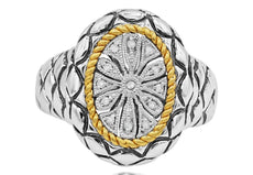 ESTATE .06CT DIAMOND 14KT 2 TONE GOLD 3D OPEN FILIGREE OVAL FLOWER FUN RING