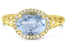 3.21CT DIAMOND & AAA AQUAMARINE 14KT YELLOW GOLD 3D OVAL & ROUND ENGAGEMENT RING