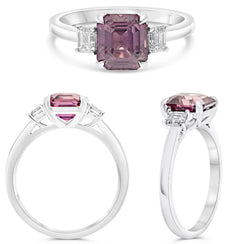 2.87CT DIAMOND & AAA PINK SAPPHIRE PLATINUM EMERALD CUT 3 STONE ENGAGEMENT RING