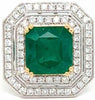 LARGE 7.64CT DIAMOND & AAA EMERALD 18K 2 TONE GOLD ROUND & EMERALD CUT HALO RING