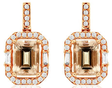 2.26CT DIAMOND & AAA MORGANITE 14KT ROSE GOLD ROUND & BAGUETTE HANGING EARRINGS