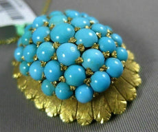 ANTIQUE LARGE AAA TURQUOISE 18KT YELLOW GOLD 3D LEAF CLUSTER SUN BURST PENDANT