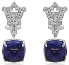 LARGE 17.38CT DIAMOND & AAA TANZANITE 18K WHITE GOLD 3D CUSHION & ROUND EARRINGS