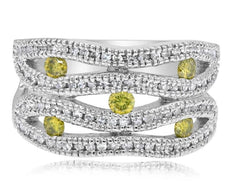 WIDE .68CT WHITE & FANCY YELLOW DIAMOND 14KT WHITE GOLD 3D MULTI ROW ETOILE RING