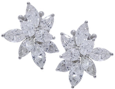 LARGE 8.7CT DIAMOND PLATINUM PEAR SHAPE & MARQUISE CLUSTER FLOWER STUD EARRINGS