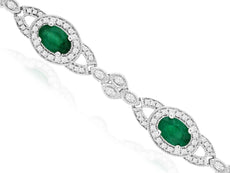 4.18CT DIAMOND & AAA EMERALD 14KT WHITE GOLD OVAL & ROUND HALO TENNIS BRACELET
