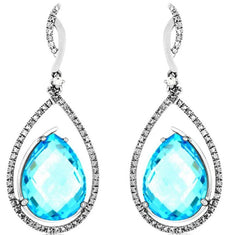 LARGE 21.54CT DIAMOND & AAA BLUE TOPAZ 14K WHITE GOLD TEAR DROP HANGING EARRINGS
