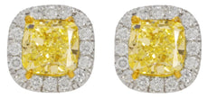 3.41CT WHITE & FANCY YELLOW DIAMOND 18KT WHITE GOLD CUSHION CUT & ROUND EARRINGS
