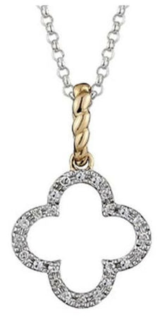 .06CT DIAMOND 14KT 2 TONE GOLD 3D CLASSIC 4 LEAF CLOVER FLOWER FLOATING PENDANT