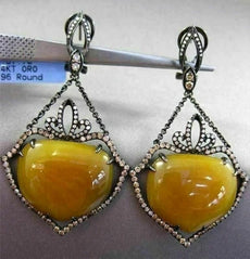 ANTIQUE MASSIVE 39.38CT DIAMOND & AGATE 14K BLACK GOLD FILIGREE HANGING EARRINGS