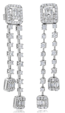 LARGE 2.09CT DIAMOND 18K WHITE GOLD ROUND & BAGUETTE BY THE YARD SQUARE EARRINGS