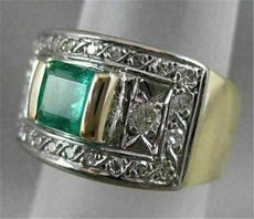 ANTIQUE WIDE 1.25CTW OLD MINE CUT DIAMOND EMERALD 14K GOLD BAND RING 12MM #20008