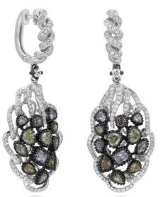 LARGE 3.61CT MULTI COLOR DIAMOND 18KT WHITE GOLD FLORAL HUGGIE HANGING EARRINGS