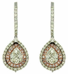 ESTATE 1.20CT WHITE & PINK DIAMOND 14KT WHITE ROSE GOLD CLUSTER HANGING EARRINGS
