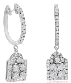 ESTATE 1.3CT DIAMOND 14KT WHITE GOLD SQUARE CLUSTER FUN HUGGIE HANGING EARRINGS
