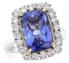 EXTRA LARGE 10CT DIAMOND & AAA TANZANITE 18K 2 TONE GOLD CUSHION ENGAGEMENT RING
