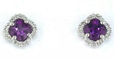 .90CT DIAMOND & AAA AMETHYST 14KT WHITE GOLD 4 LEAF CLOVER FLOWER STUD EARRINGS