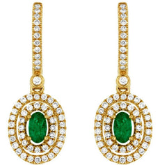 1.05CT DIAMOND & AAA EMERALD 14KT YELLOW GOLD OVAL DOUBLE HALO HANGING EARRINGS
