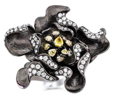 EXTRA LARGE 3.09CT WHITE & FANCY YELLOW DIAMOND 18K WHITE GOLD 3D STATEMENT RING