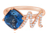 1.69CT DIAMOND & AAA LONDON BLUE TOPAZ 18KT ROSE GOLD CUSHION & ROUND LOVE RING