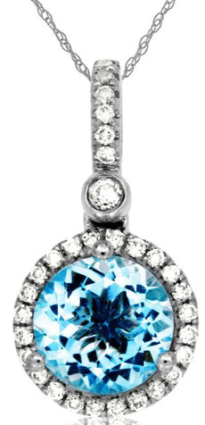 1.68CT DIAMOND & AAA BLUE TOPAZ 14KT WHITE GOLD 3D ROUND HALO FLOATING PENDANT