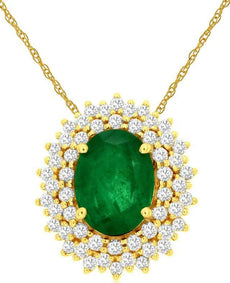 1.43CT DIAMOND & AAA EMERALD 14K YELLOW GOLD 3D OVAL & ROUND DOUBLE HALO PENDANT
