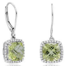 5.52CT DIAMOND & AAA LEMON QUARTZ 14KT WHITE GOLD CUSHION & ROUND HALO EARRINGS